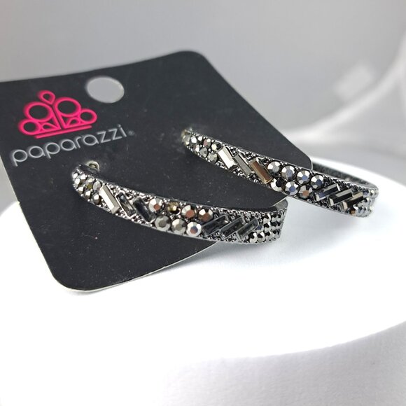 Paparazzi Black Rhinestone Hoop Earrings - Picture 1 of 3